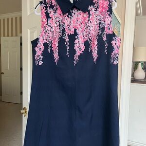 Dalia MacPhee Navy Dress with Pink Floral Accents